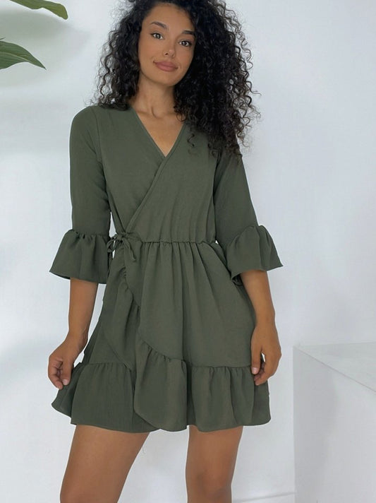 Eteği Ve Kolları Fırfırlı Beli Lastikli Ayrobin Elbise -Haki