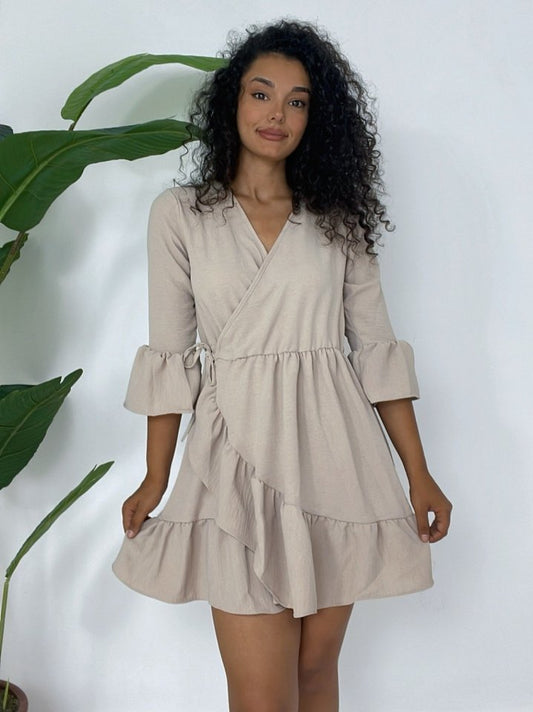 Eteği Ve Kolları Fırfırlı Beli Lastikli Ayrobin Elbise -Açık Vizon