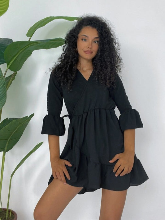 Eteği Ve Kolları Fırfırlı Beli Lastikli Ayrobin Elbise -Siyah