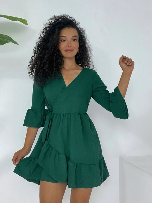 Eteği Ve Kolları Fırfırlı Beli Lastikli Ayrobin Elbise -Zümrüt