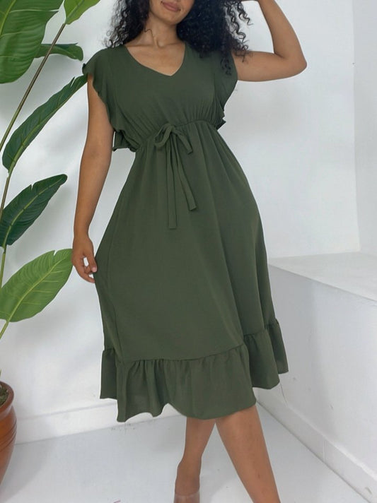 Omuzu Fırfırlı Beli Lastikli Sıfır Kol Midi Boy Ayrobin Elbise -Haki