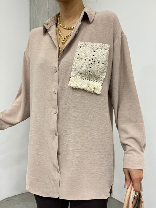 Örgü Cepli Düğmeli Ayrobin Gömlek -Açık Vizon