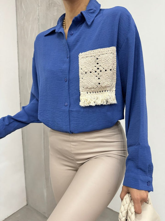 Örgü Cepli Düğmeli Ayrobin Gömlek -İndigo