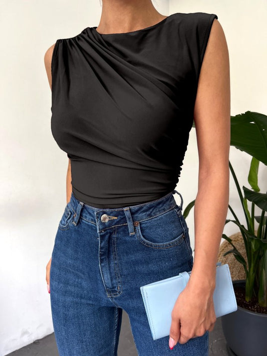 Bisiklet Yaka Sıfır Kol Sandy Bluz -Siyah