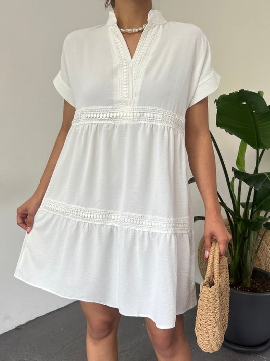 V Yaka Fistolu Ayrobin Elbise -Beyaz