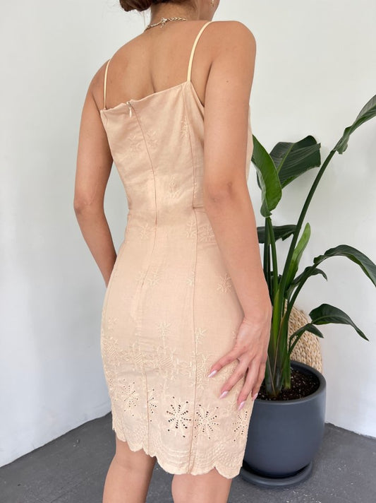 İp Askılı Fistolu Astarlı Mini Elbise -Açık Vizon