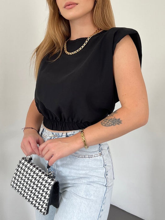 Omuzları Vatkalı Beli Lastikli Bluz -Siyah