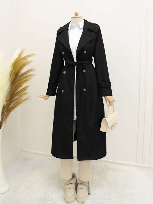 Astarlı Kemerli Trenckot -Siyah