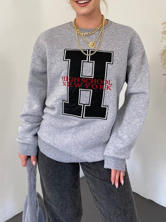 Önü Nakışlı Bisiklet Yaka Sweat Tunik -Gri