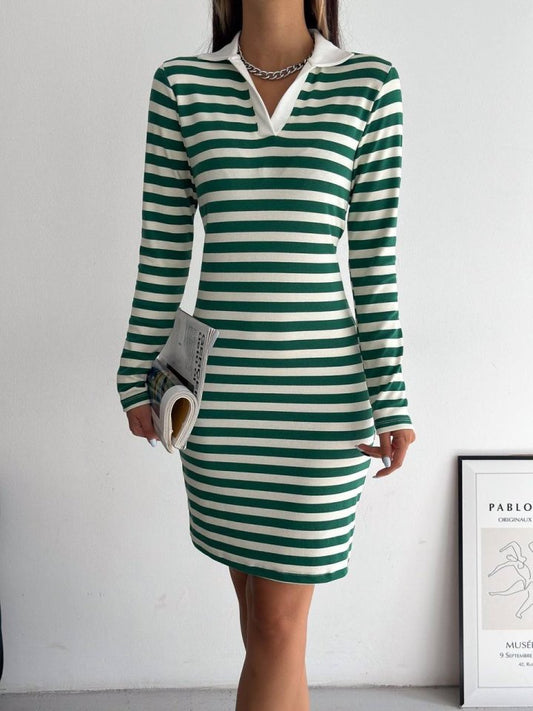 Yakalı Çizgili Uzun Kol Elbise -Yeşil