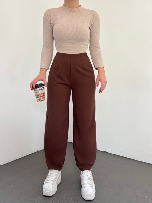 Beli Lastikli Balon Pantolon -Kahve