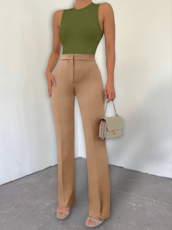 Düğmeli Likralı Pantolon -Vizon