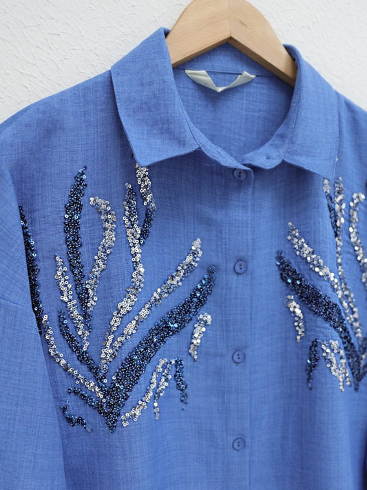 Önü Pul Payetli Uzun Gömlek -İndigo