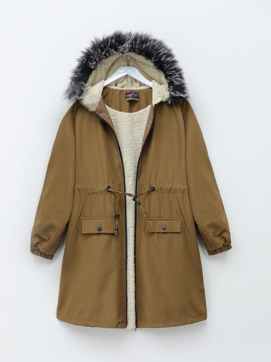 Sabit Kapşonlu İçi Kürklü Bondit Kaban -Taba