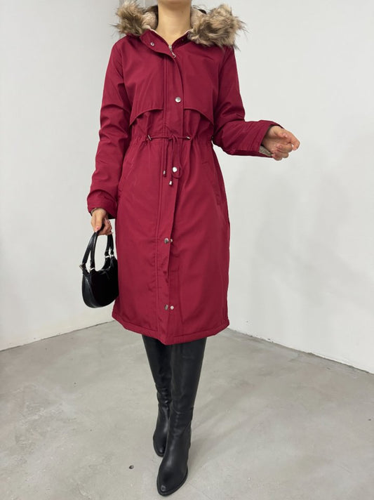 İçi Peluşlu Sabit Kapşonlu Tünel Bağcıklı Uzun Mont -Bordo