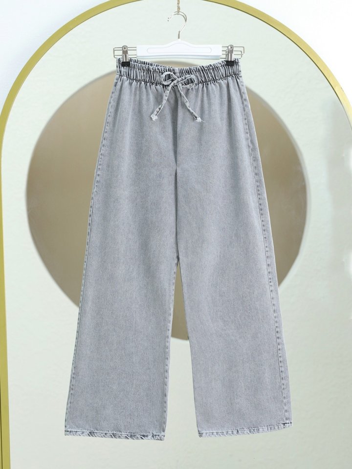 Bol Paça Beli Lastikli Bağcık Detaylı Kot Pantolon -Gri