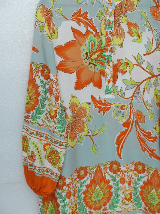 Çiçek Desenli Yarım Düğmeli Pamuk Viskon Tunik -Turuncu