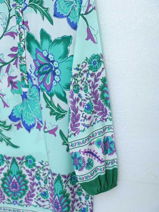 Çiçek Desenli Yarım Düğmeli Pamuk Viskon Tunik -Yeşil