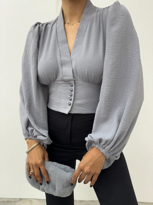 Düğmeli Arkası Lastikli Balon Kol Sandy Crop -Gri