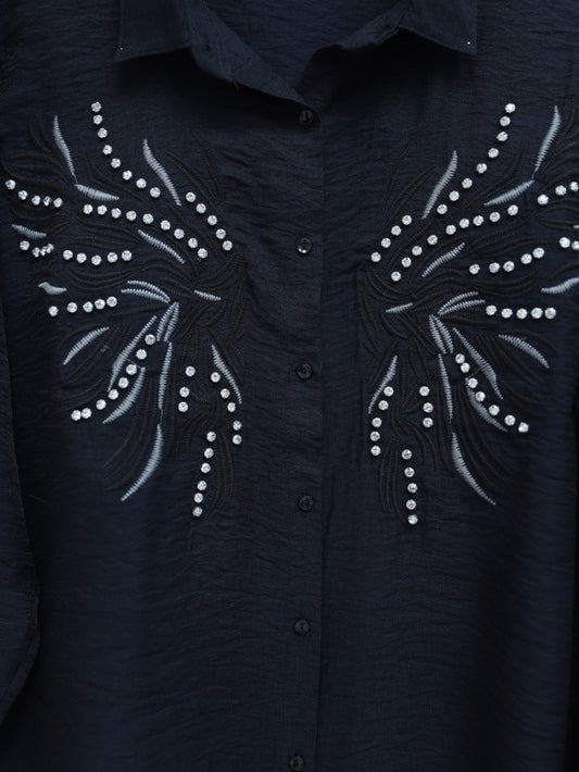 Taş Ve Nakış İşlemeli Keten Gömlek -Siyah