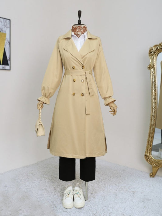 Çift Düğmeli Manşeti Lastikli Belden Bağlamalı Trençkot -Açık Vizon