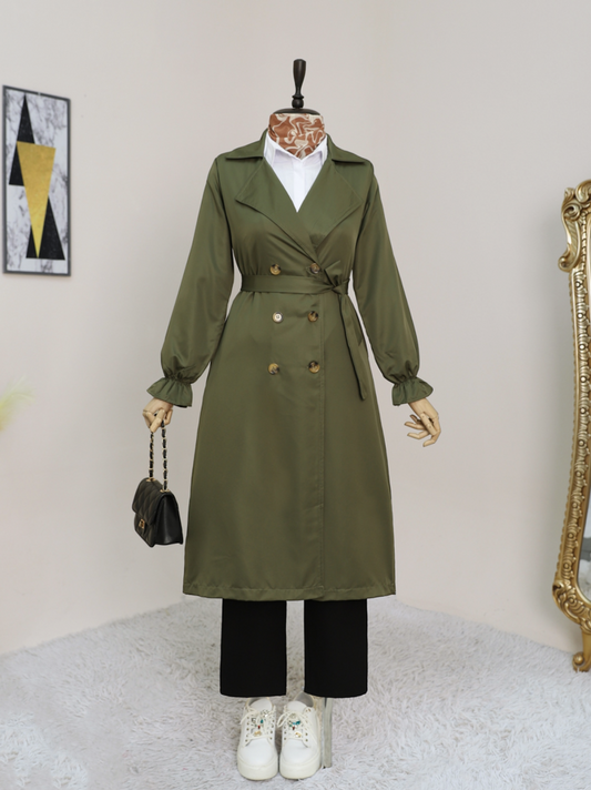 Çift Düğmeli Manşeti Lastikli Belden Bağlamalı Trençkot -Haki