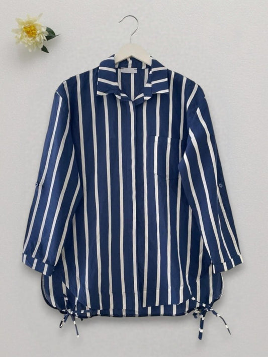 Yandan Bağlamalı Cepli Çizgili Gömlek -Laci