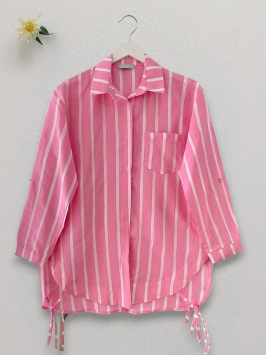 Yandan Bağlamalı Cepli Çizgili Gömlek -Pembe