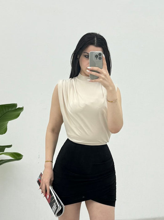 Sıfır Kol Vatkalı Sandy Bluz -Bej