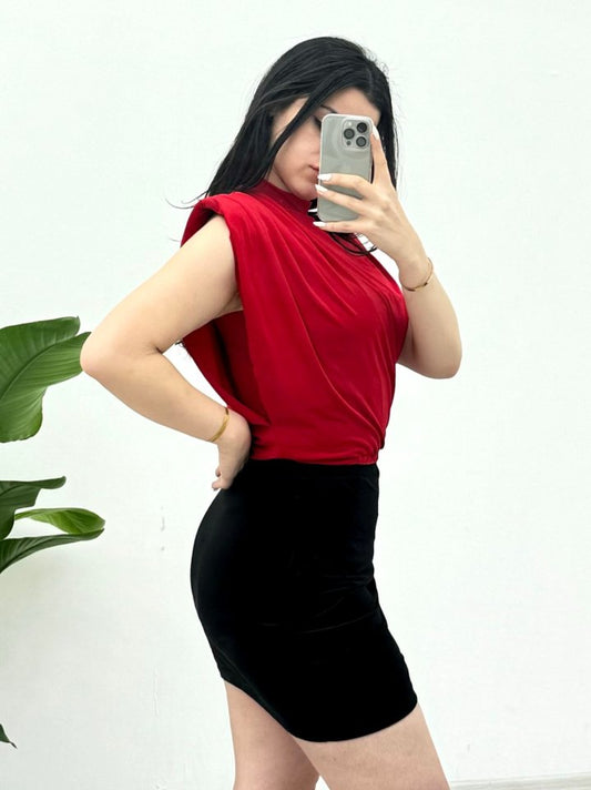 Sıfır Kol Vatkalı Sandy Bluz -Kırmızı