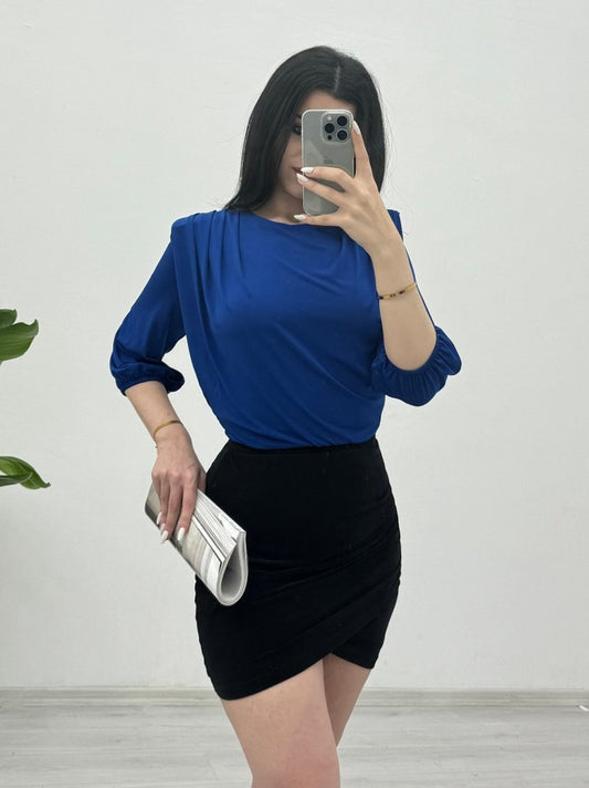 İçi Tulumlu Omuzdan Büzgülü Vatkalı Sendy Bluz -Saks