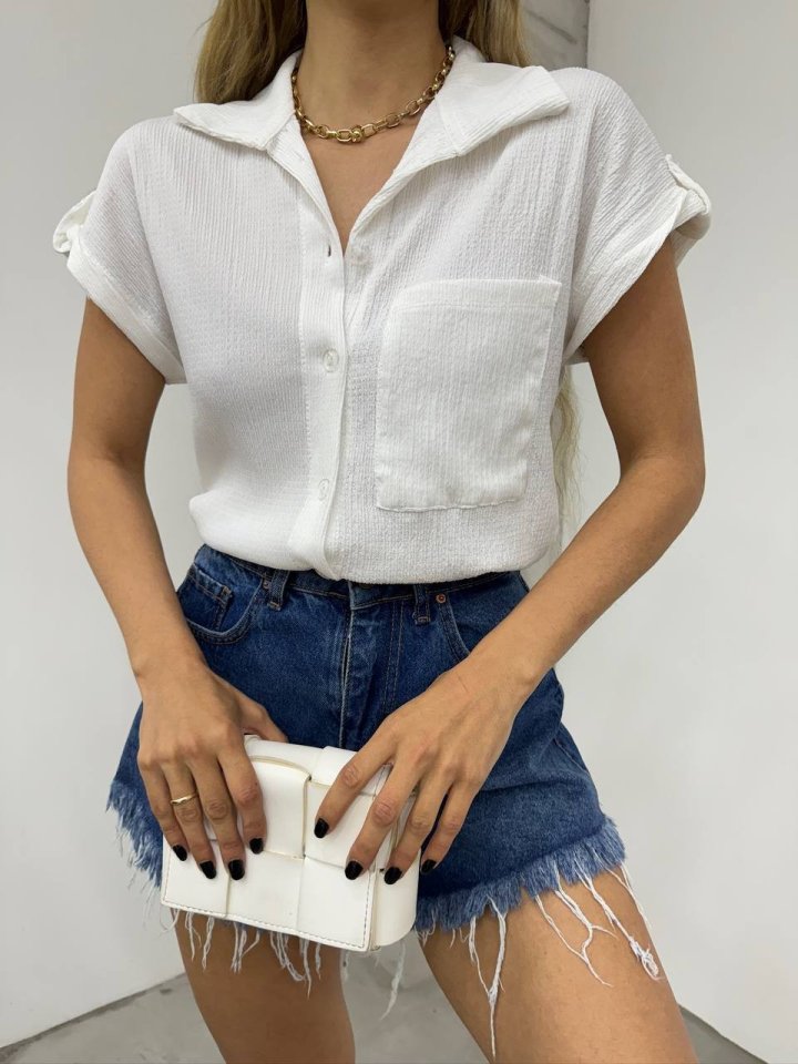 Duble Kol Tek Cepli Bürümcük Gömlek -Beyaz