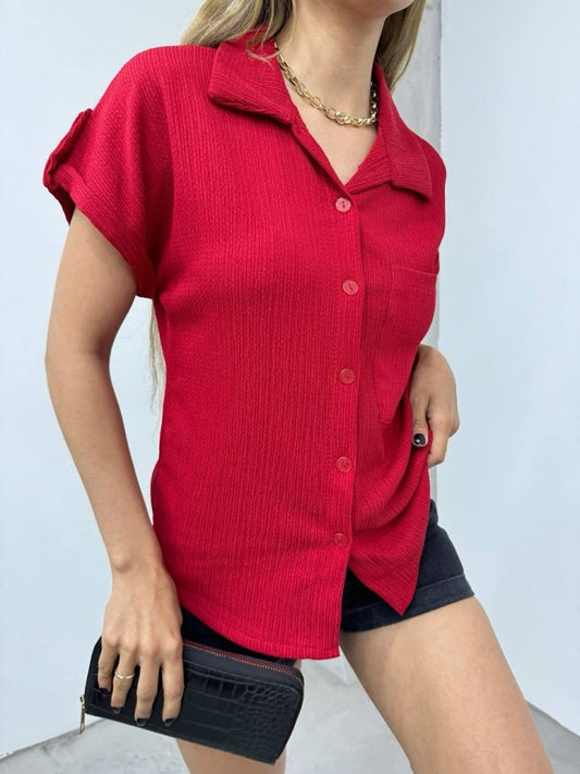 Duble Kol Tek Cepli Bürümcük Gömlek -Bordo