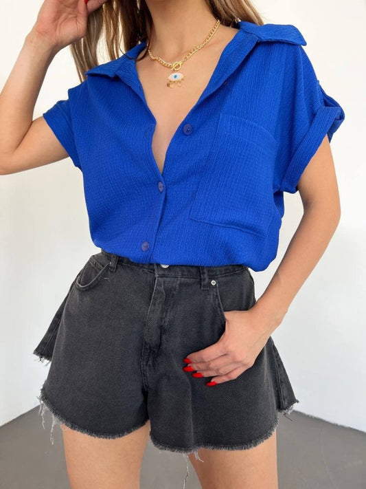 Duble Kol Tek Cepli Bürümcük Gömlek -Saks