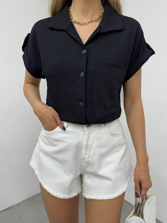 Duble Kol Tek Cepli Bürümcük Gömlek -Siyah