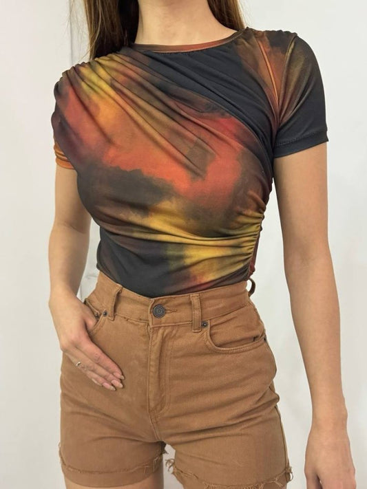 Bel Omuz Büzgülü Batik Baskı Sendy Bluz -Kiremit