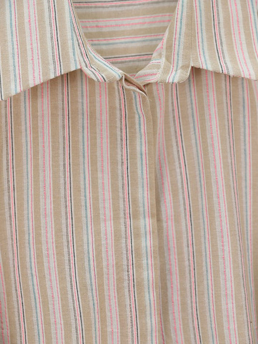 Arkası Uzun Kabartma Çizgili Oversize Gömlek -Vizon