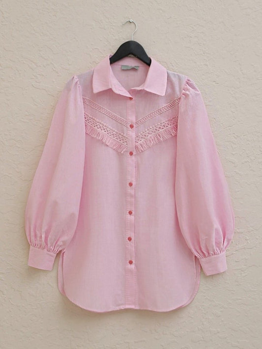 Güpür Püsküllü Ham Keten Balon Kol Gömlek -Pudra
