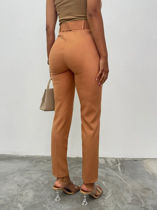 Kalın Kemerli Kumaş Pantalon -Tarçın