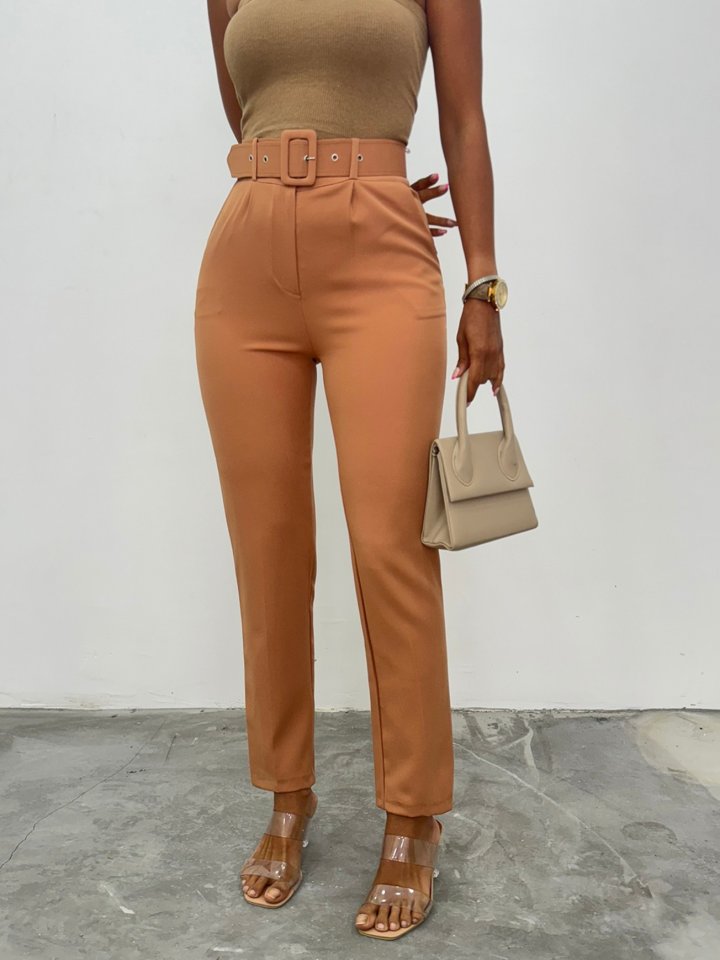 Kalın Kemerli Kumaş Pantalon -Tarçın
