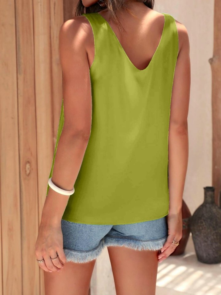 V Yaka Sıfır Kol Saten Bluz -Yağ Yeşili