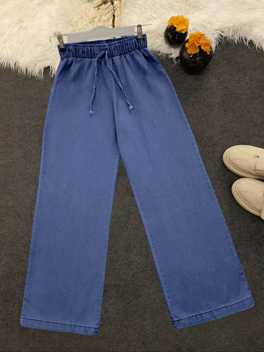 Bol Paça Beli Lastikli Bağcık Detaylı Kot Pantolon -Koyu Mavi