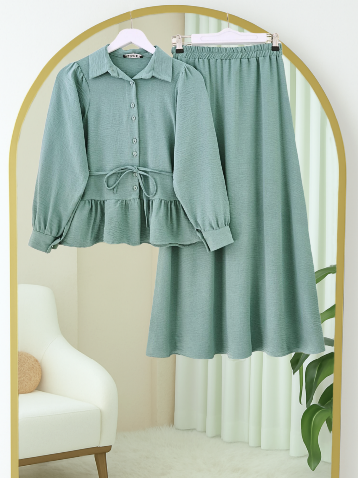 Parçalı Büzgülü Bluz Etekli Takım -Mint
