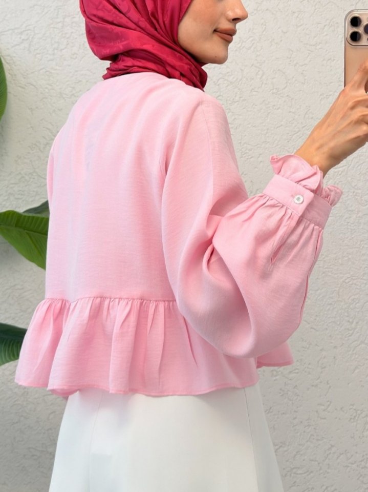 Eteği Ve Kolu Fırfırlı Taşlı Düğmeli Modal Kumaş Gömlek -Pembe