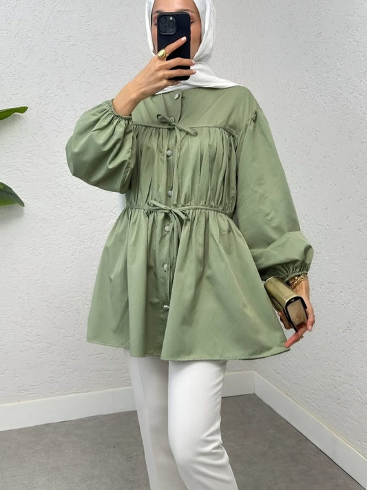 Taşlı Düğmeli Kolu Lastikli Bağlama Detaylı Gömlek -Su Yeşili