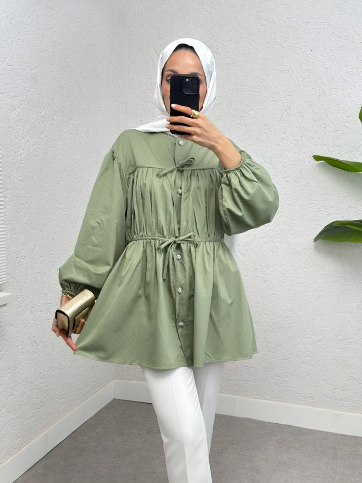 Taşlı Düğmeli Kolu Lastikli Bağlama Detaylı Gömlek -Su Yeşili