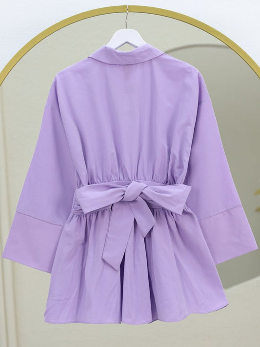 Yarım Düğmeli Beli Bağlamalı Yanı Fermuarlı Tunik -Lila