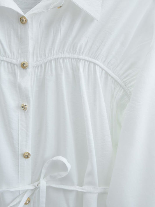 Robadan Büzgülü Beli Bağcıklı Gömlek -Beyaz