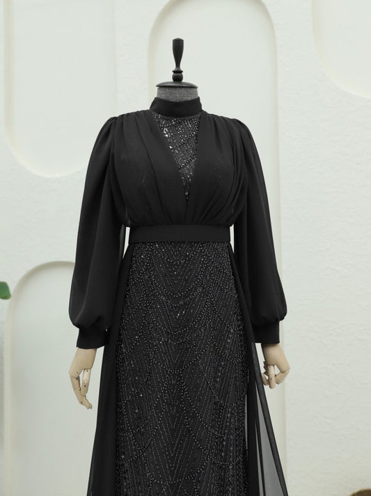 Boncuk Ve Pul Detaylı Kemerli Şifon Abiye -Siyah