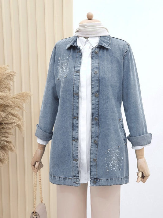 Önü Taş Detaylı Çift Cepli Kot Ceket -Buz Mavi